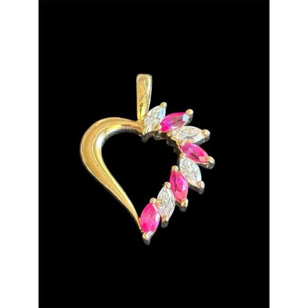 Sterling Silver Gold Vermeil Open Heart Pendant Pink Sapphire & CZ 925